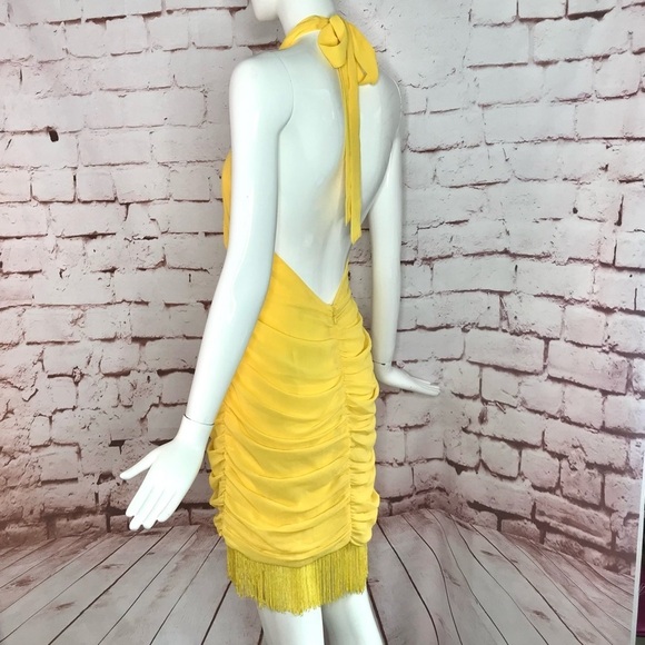 Forever 21 BELEARIC BEACH L Halter Ruched Fringe Trim Yellow Minidress Large - Picture 3 of 14